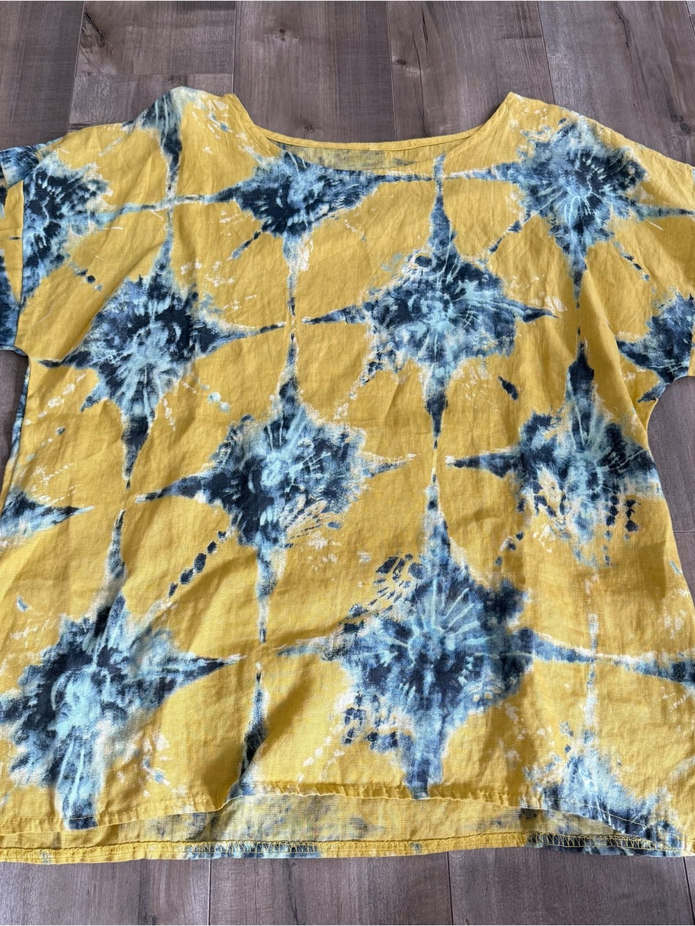 Bellambia Italy Linen Tunic Top Blouse Women XL Yellow Blue Short Sleeve No Tag